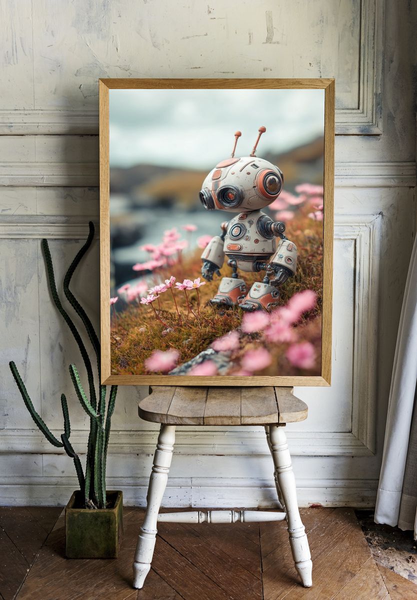 Cute Robot in Blossom Field Print. room preview
