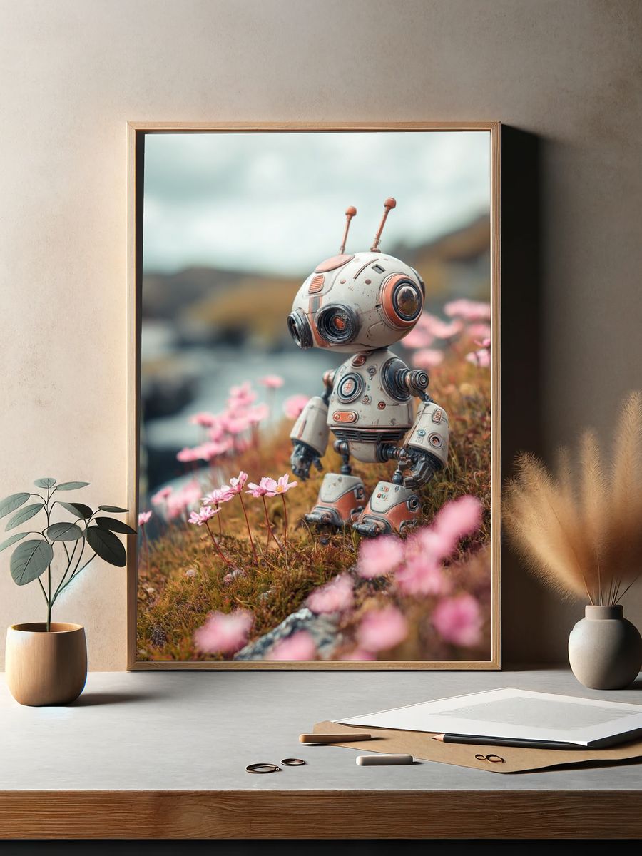 Cute Robot in Blossom Field Print. — room view 2