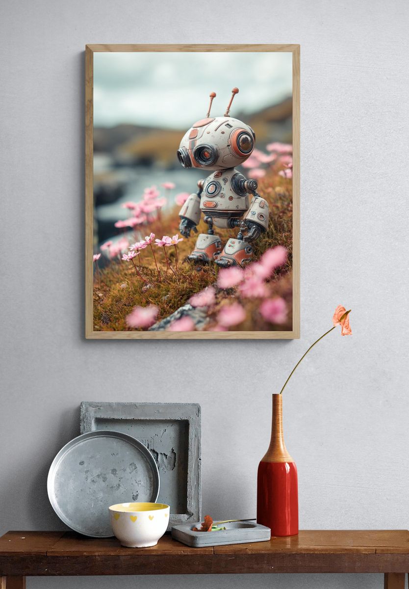 Cute Robot in Blossom Field Print. — room view 3
