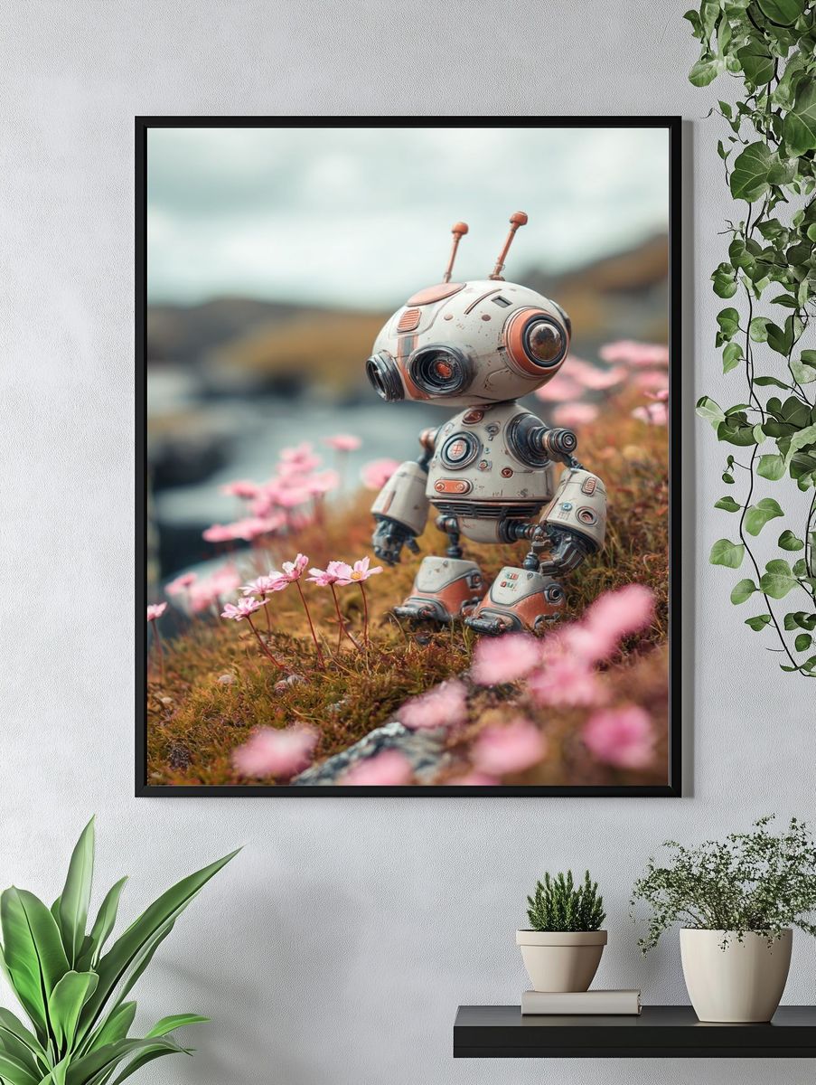 Cute Robot in Blossom Field Print. — room view 4