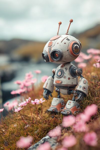 Cute Robot in Blossom Field Print. poster