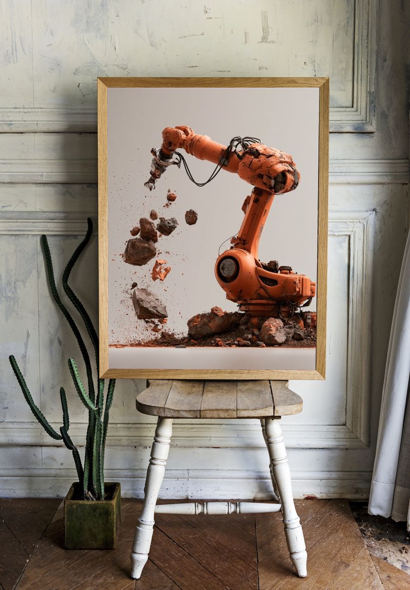 Orange Industrial Robot Arm Poster. room preview