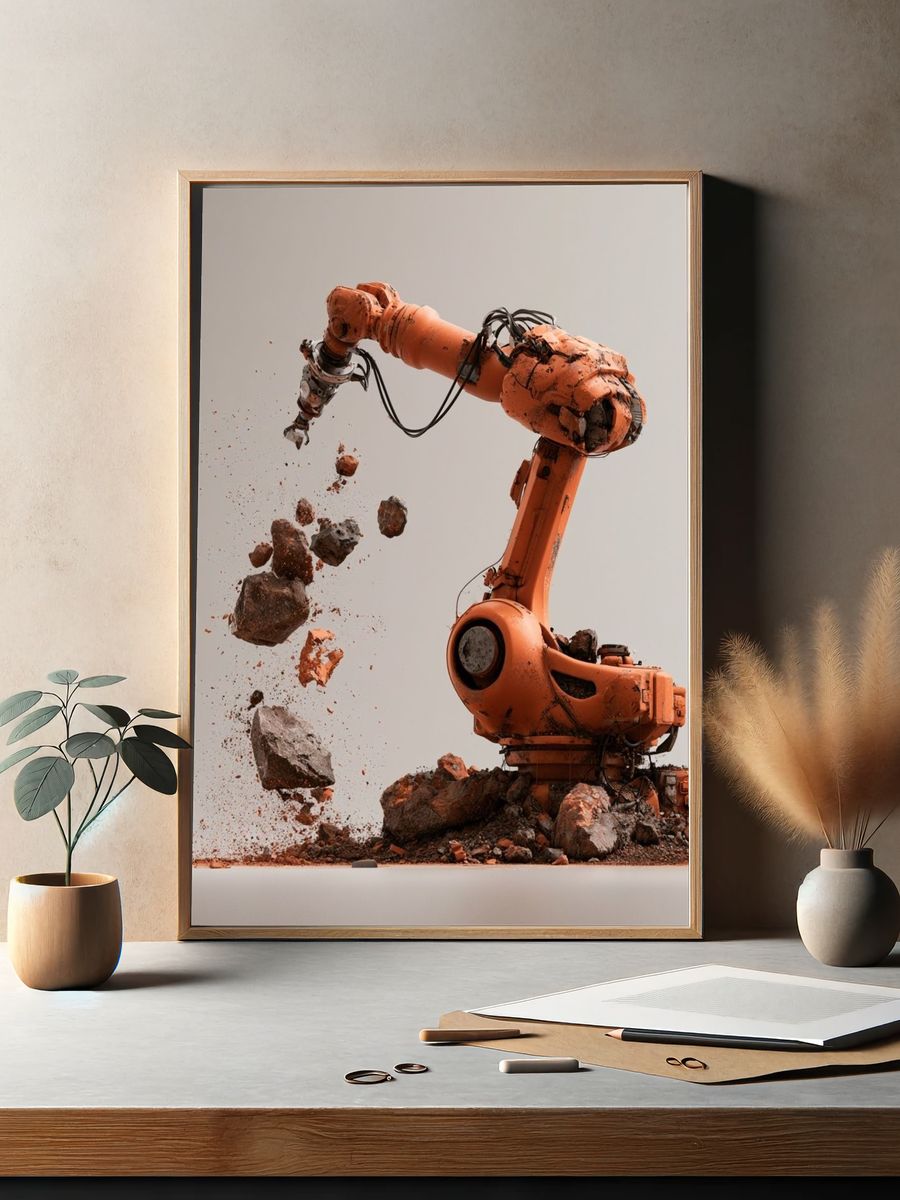 Orange Industrial Robot Arm Poster. — room view 2