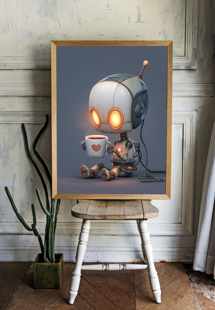 Cute Robot Coffee Break Illustration Poster. — room view 1