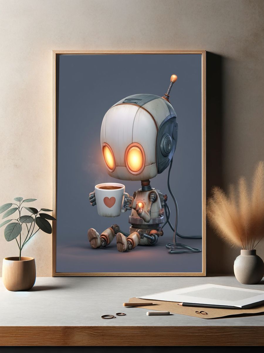 Cute Robot Coffee Break Illustration Poster. — room view 2