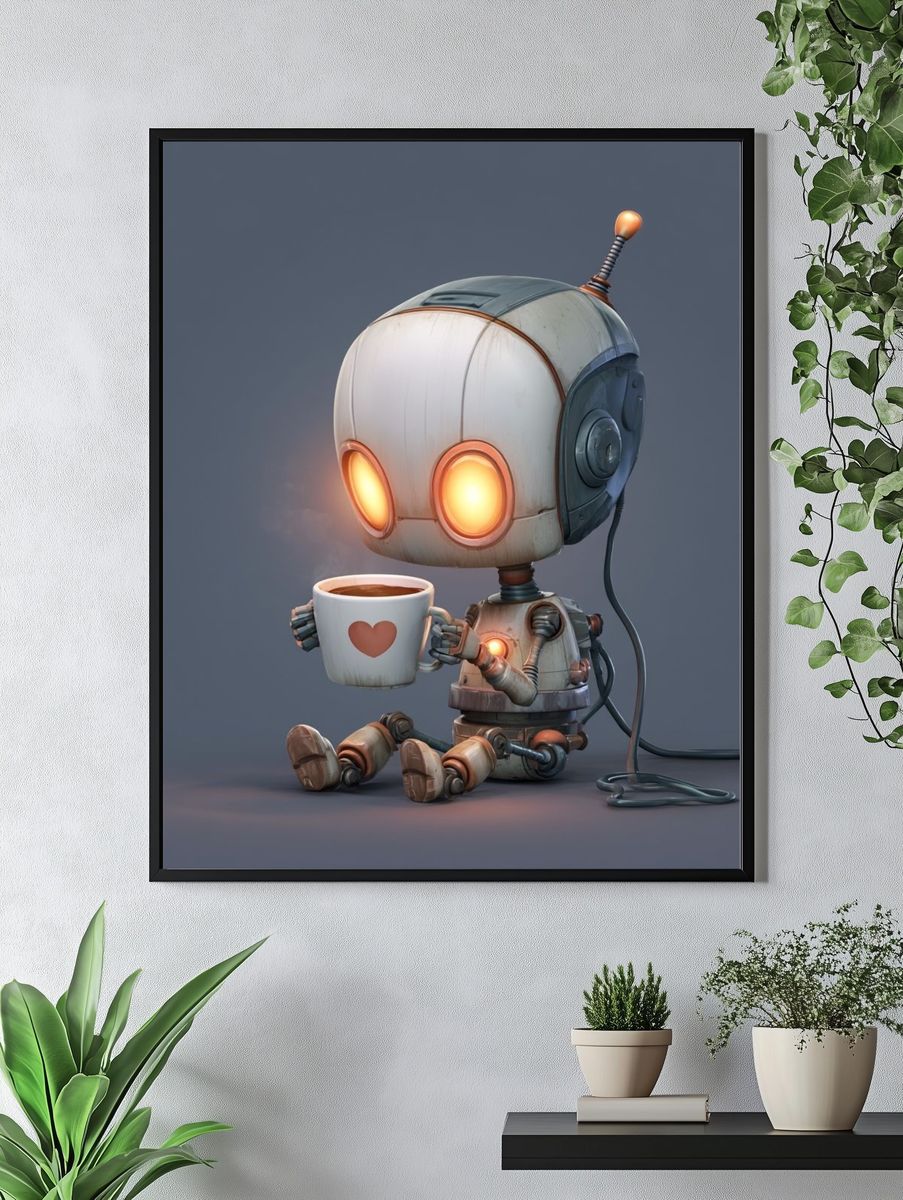 Cute Robot Coffee Break Illustration Poster. — room view 4