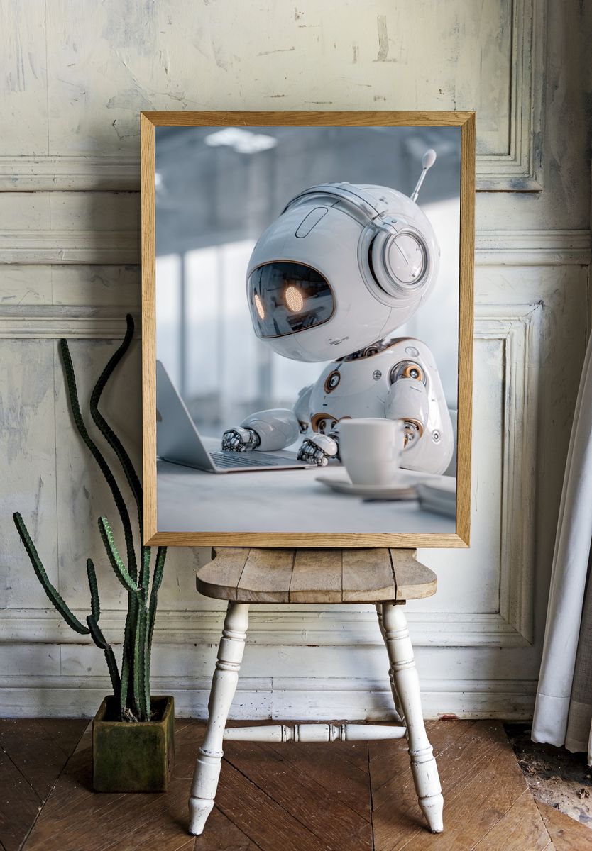 Cute Robot at Laptop — Sci-Fi Print. room preview