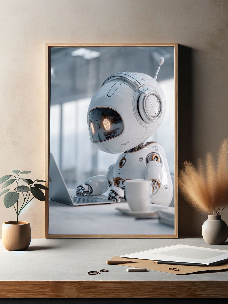 Cute Robot at Laptop — Sci-Fi Print. — room view 2
