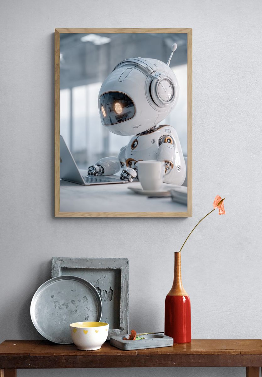 Cute Robot at Laptop — Sci-Fi Print. — room view 3
