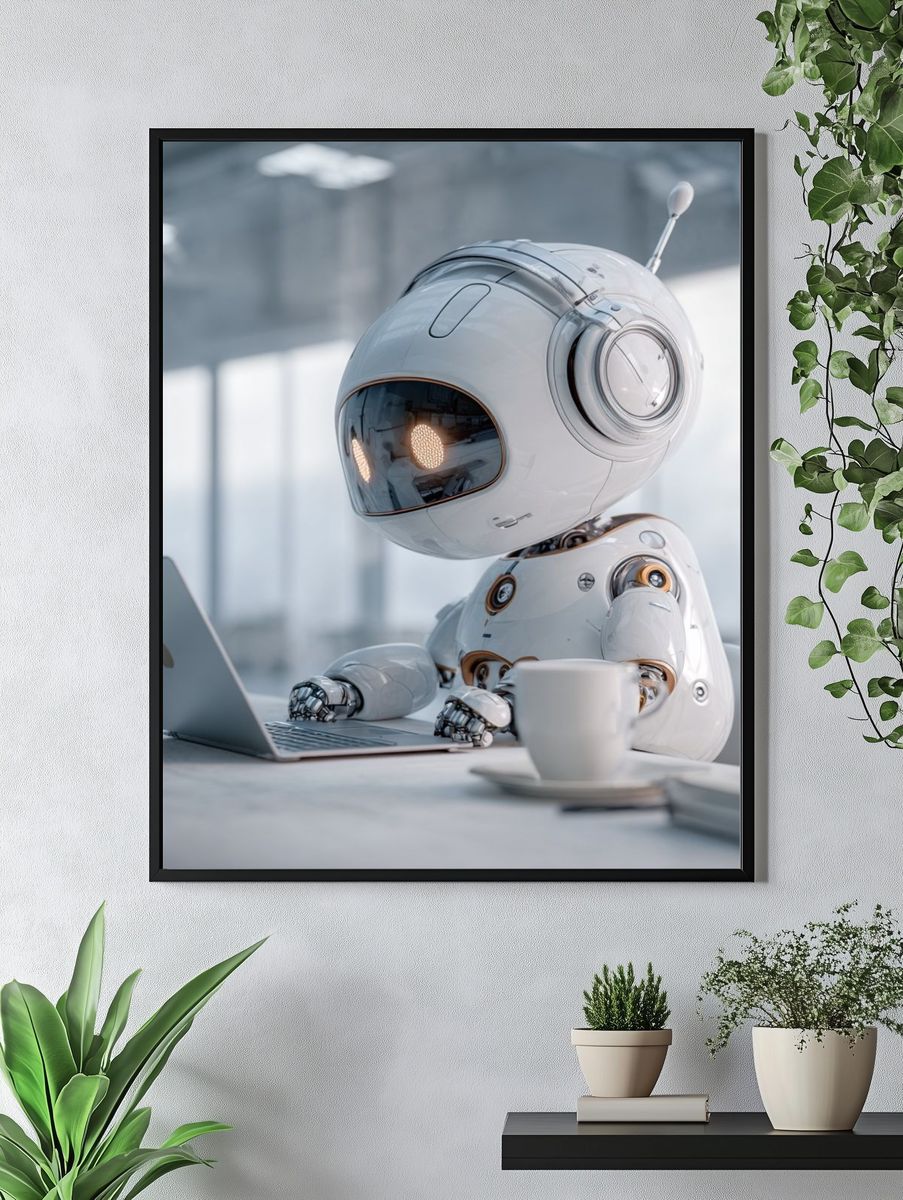 Cute Robot at Laptop — Sci-Fi Print. — room view 4