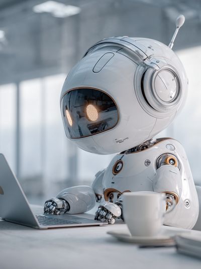 Cute Robot at Laptop — Sci-Fi Print.