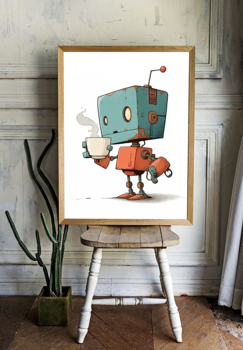 Cute Robot Coffee Illustration Poster. room preview