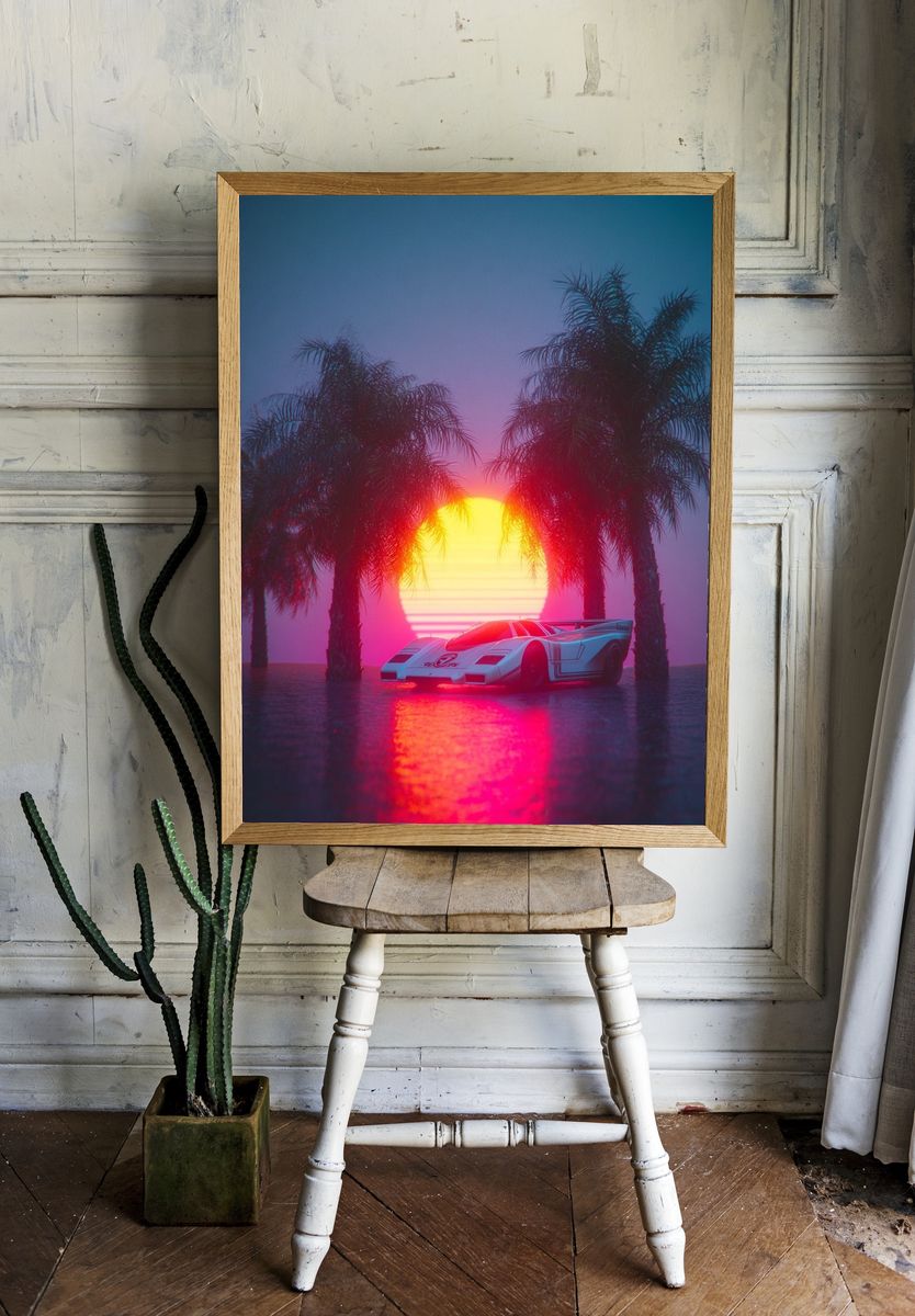 Retro Sports Car at Sunset Poster. — room view 1