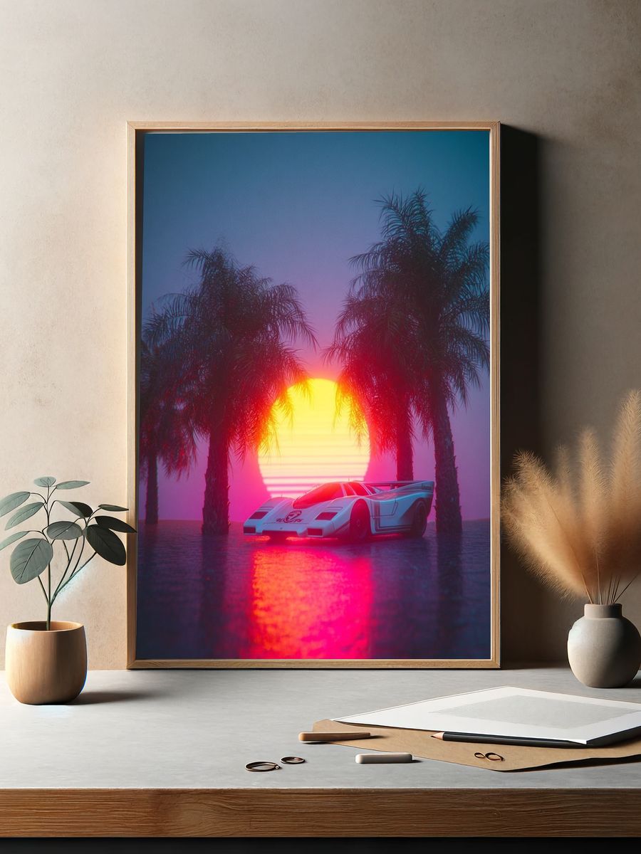Retro Sports Car at Sunset Poster. — room view 2