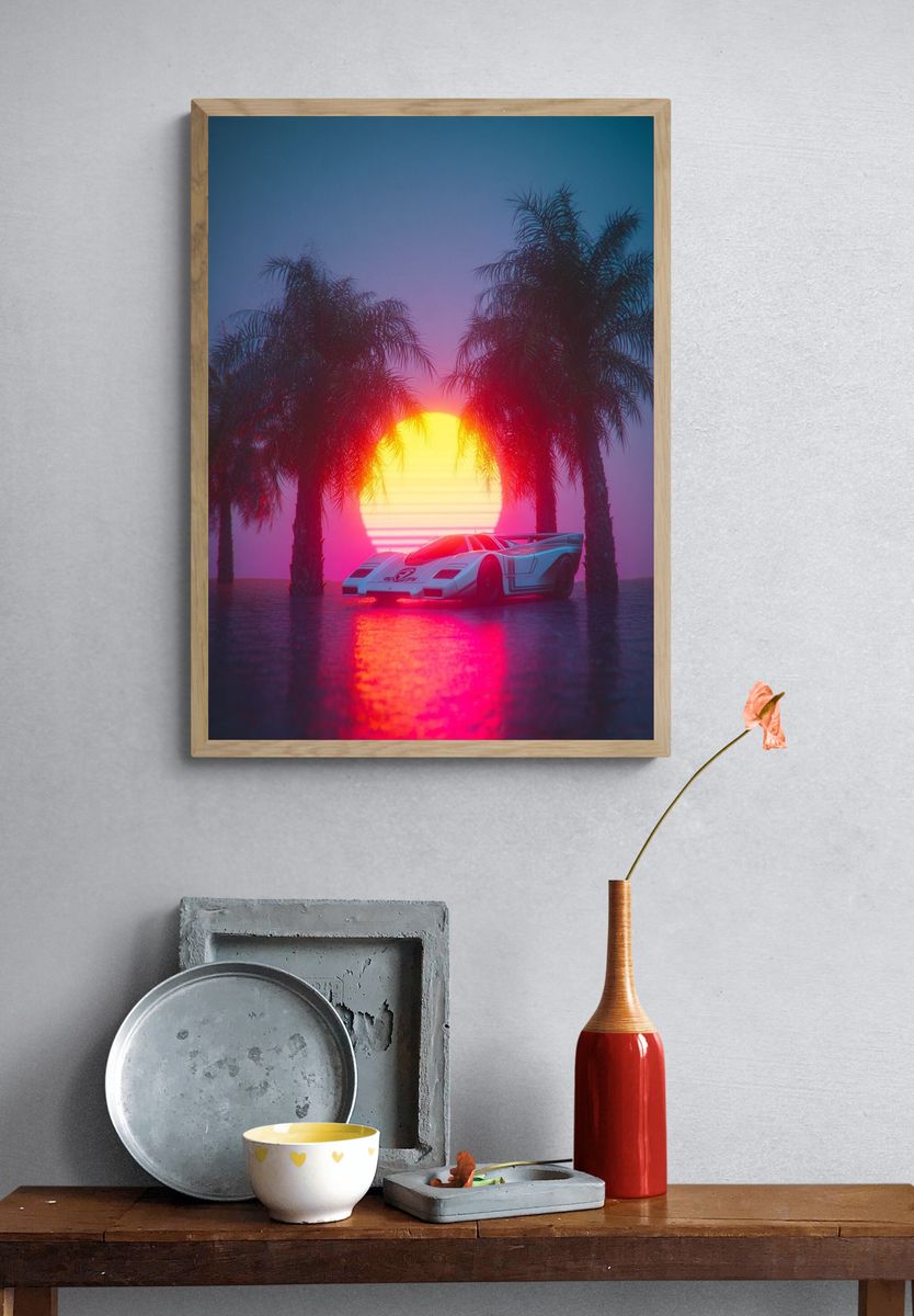Retro Sports Car at Sunset Poster. — room view 3