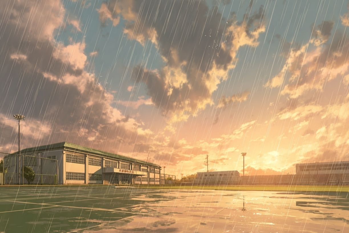 Rainy Sunset at School — Digital Art Print. poster — illustration art
