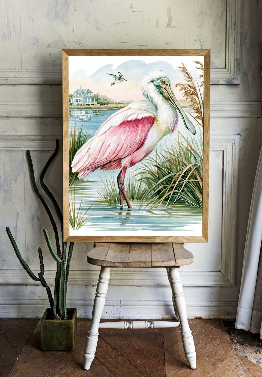 Roseate Spoonbill Marsh Watercolor Poster. — room view 1
