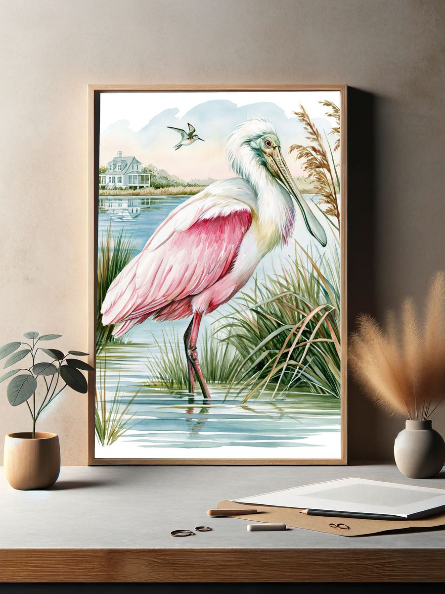 Roseate Spoonbill Marsh Watercolor Poster. — room view 2