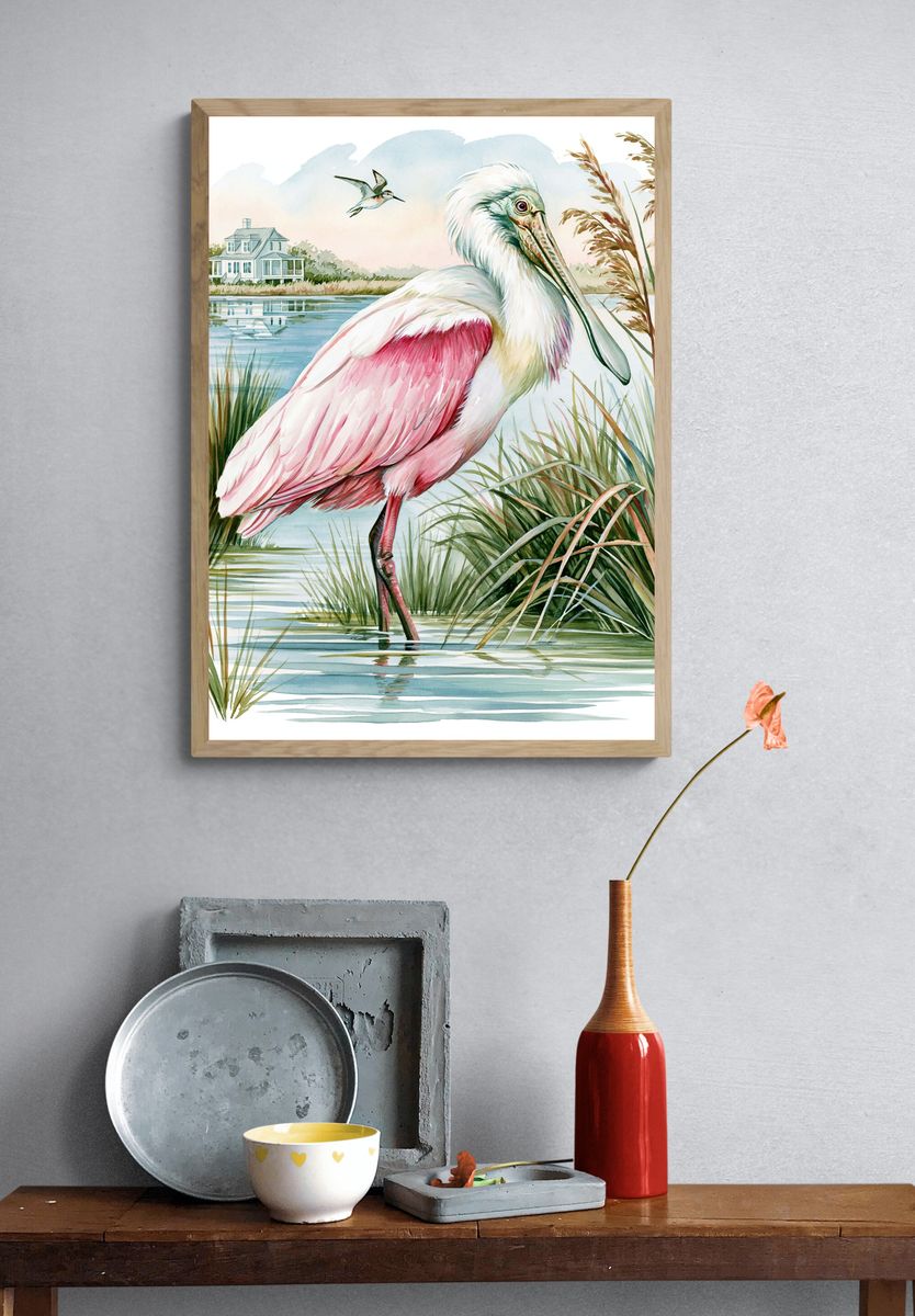 Roseate Spoonbill Marsh Watercolor Poster. — room view 3