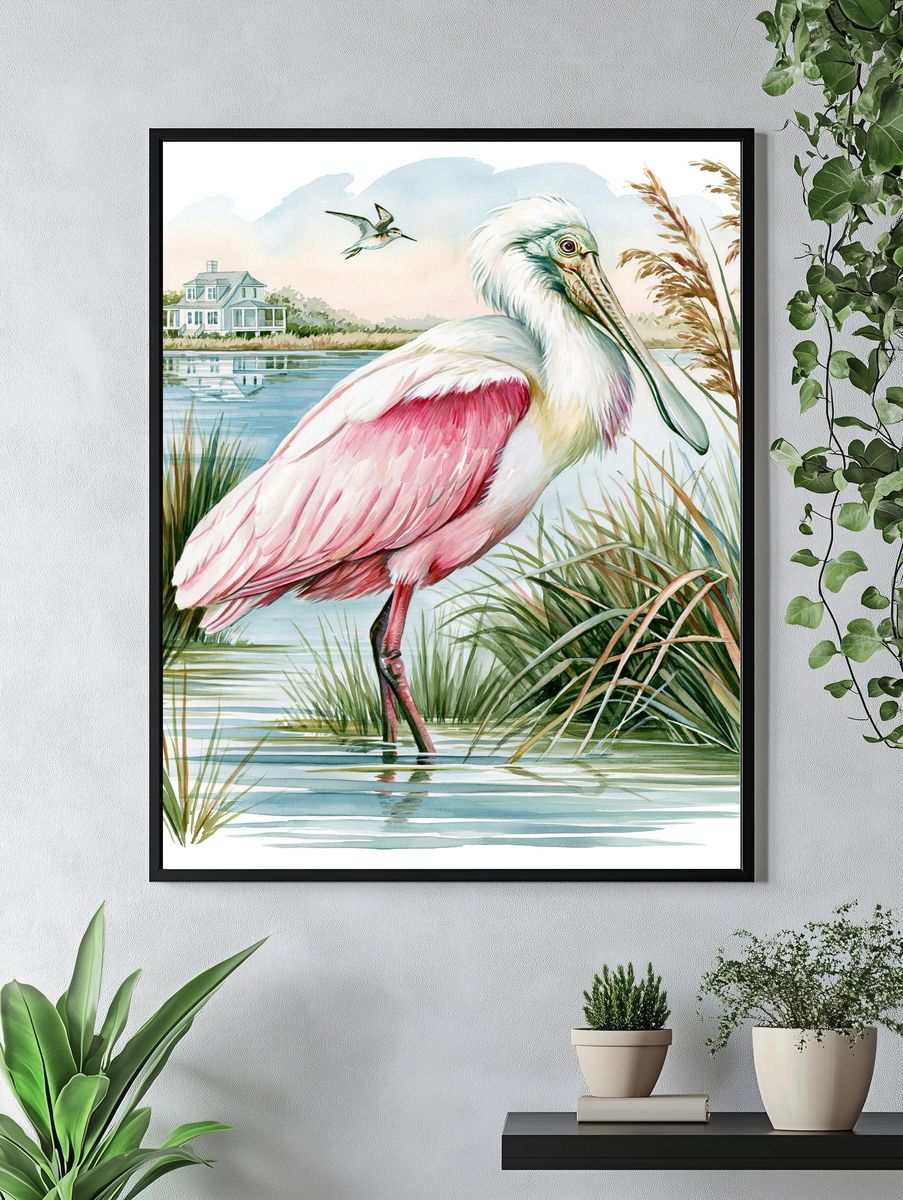 Roseate Spoonbill Marsh Watercolor Poster. — room view 4