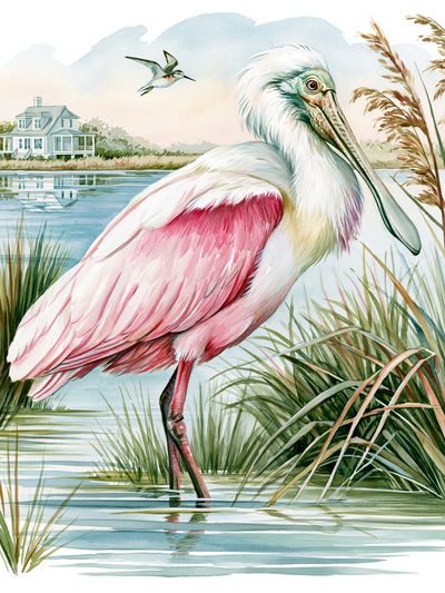 Roseate Spoonbill Marsh Watercolor Poster.