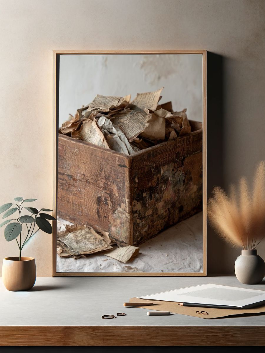 Rustic Paper Box Still Life Print. — room view 2