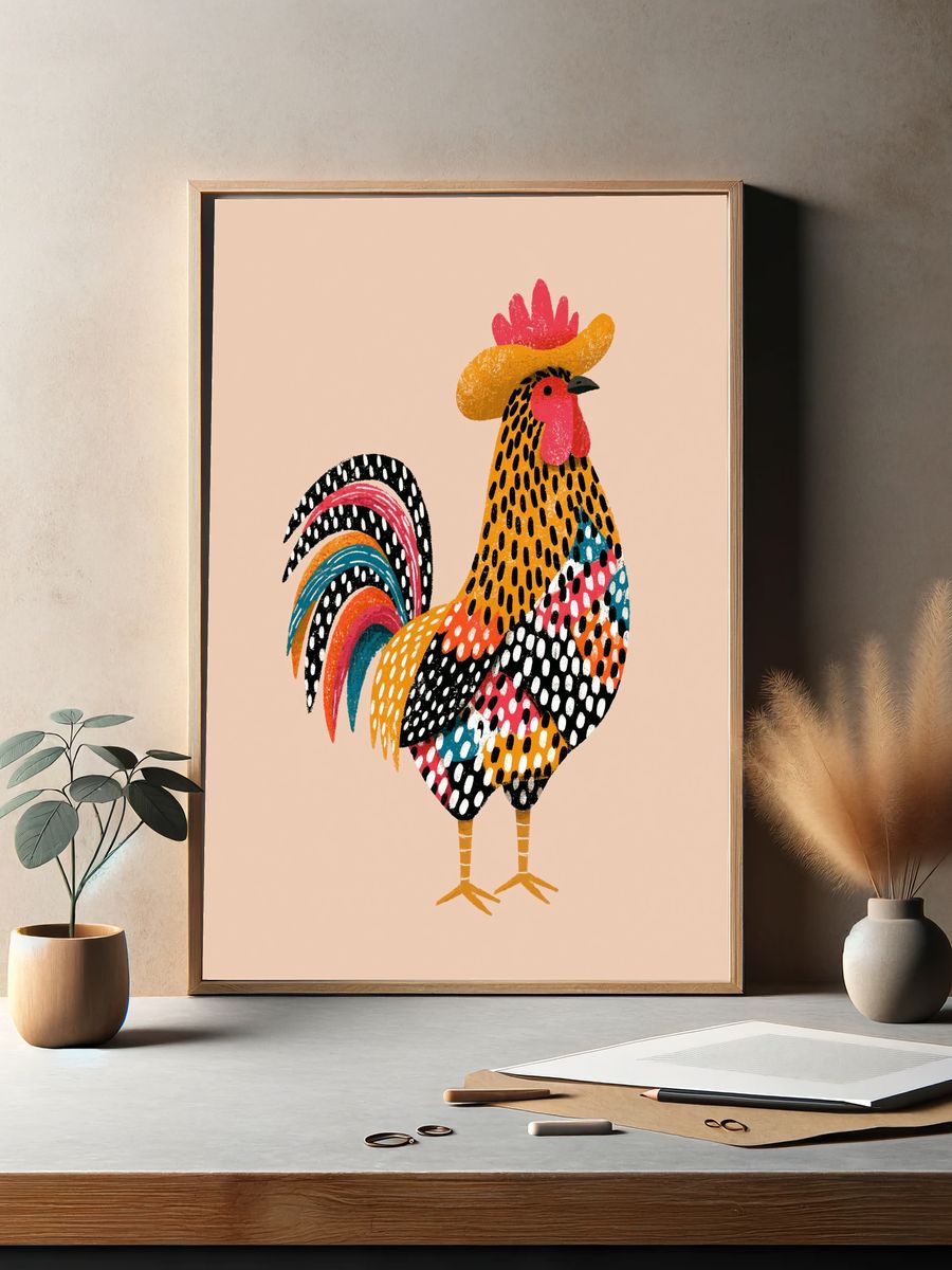 Colorful Rooster Illustration Poster. — room view 2