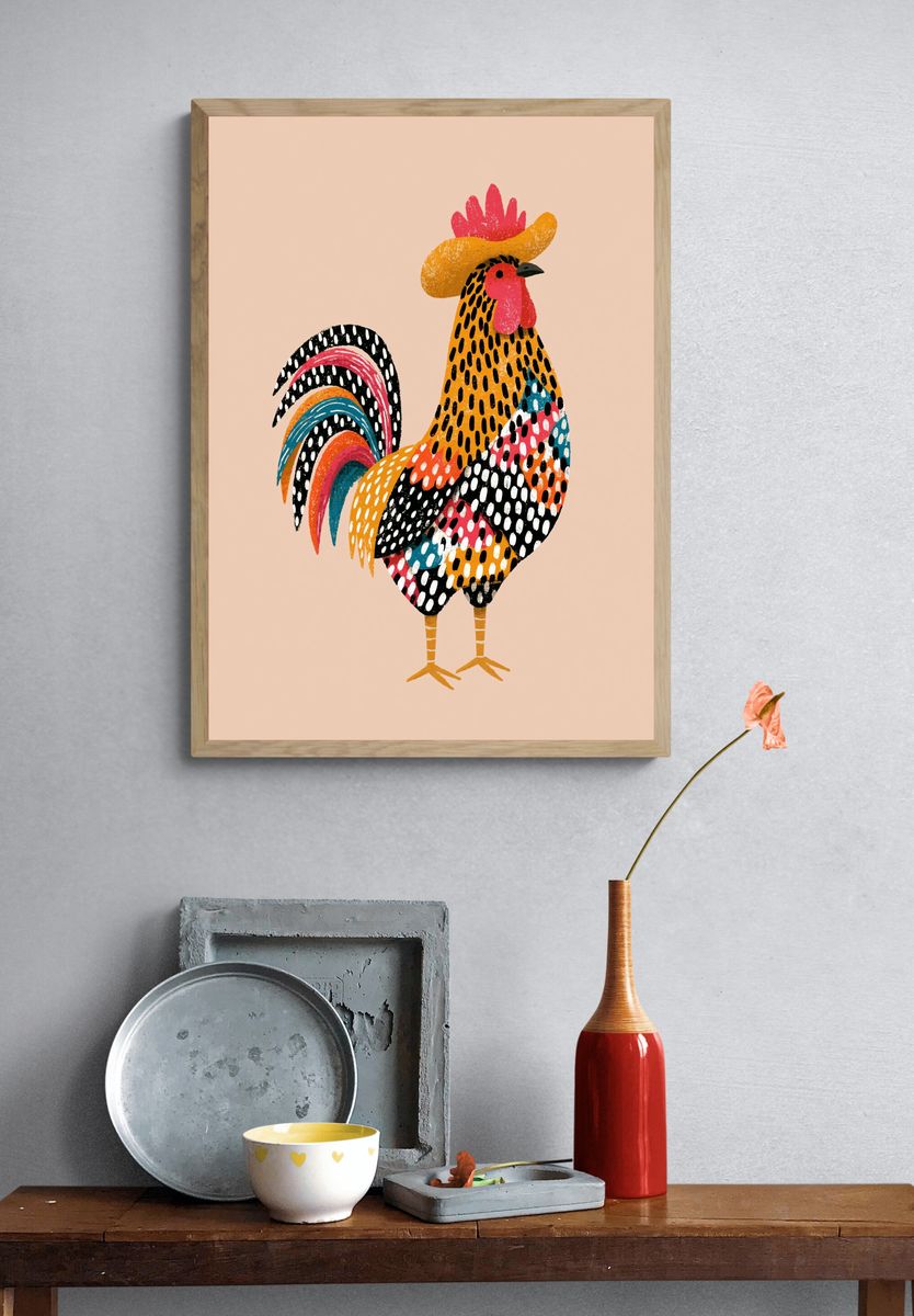Colorful Rooster Illustration Poster. — room view 3