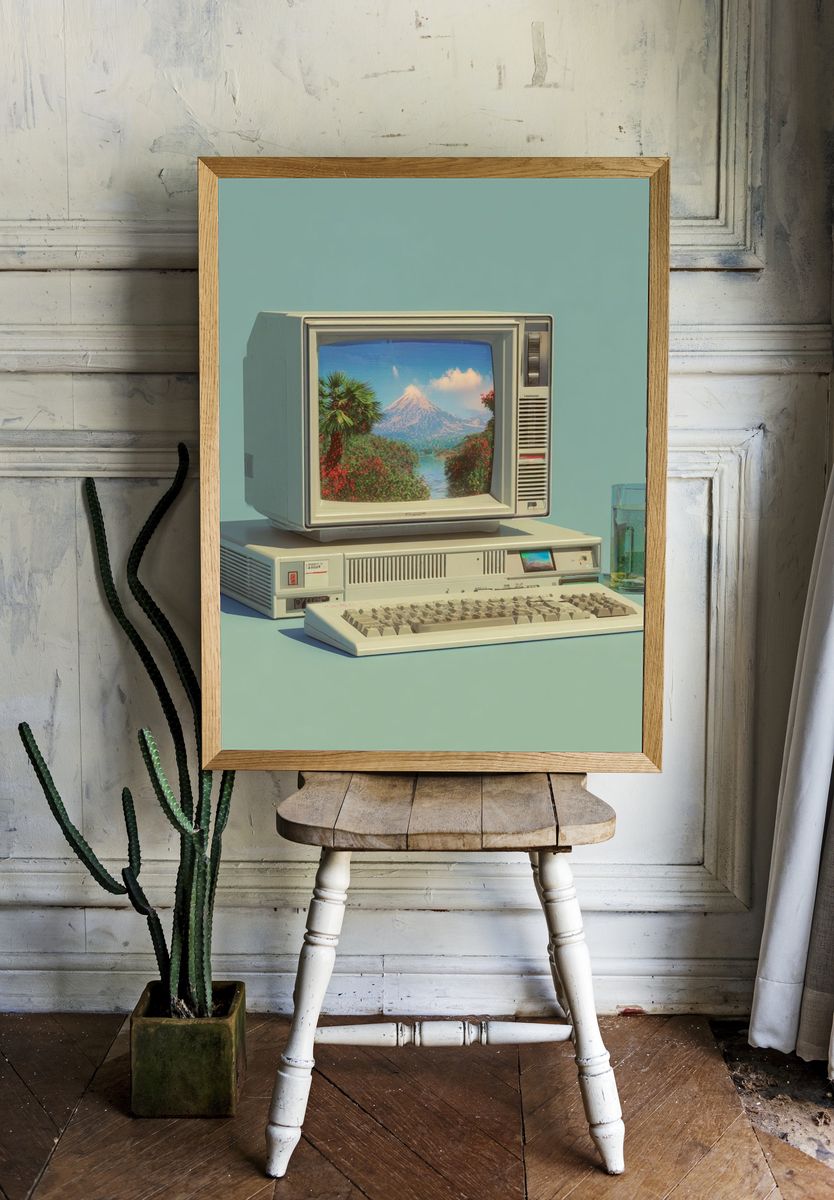 Retro Computer with Scenic Landscape Poster room preview