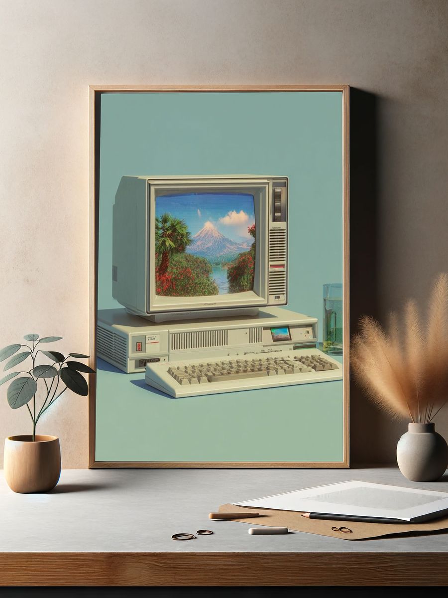 Retro Computer with Scenic Landscape Poster. — room view 2
