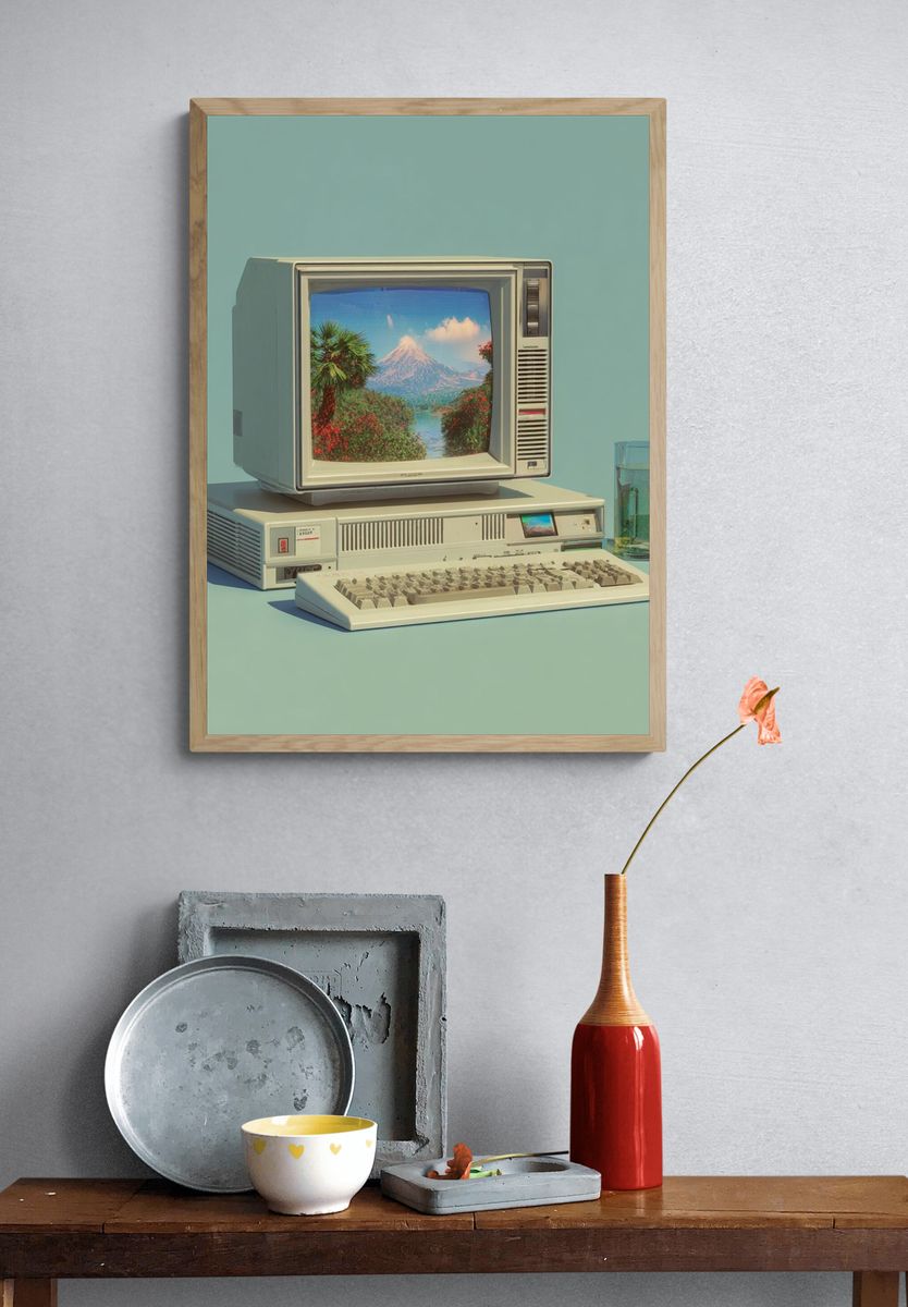 Retro Computer with Scenic Landscape Poster. — room view 3