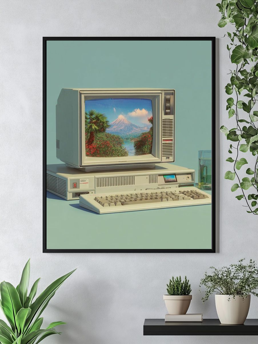 Retro Computer with Scenic Landscape Poster. — room view 4