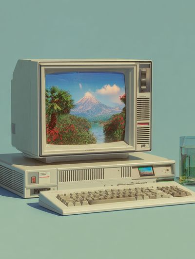 Retro Computer with Scenic Landscape Poster