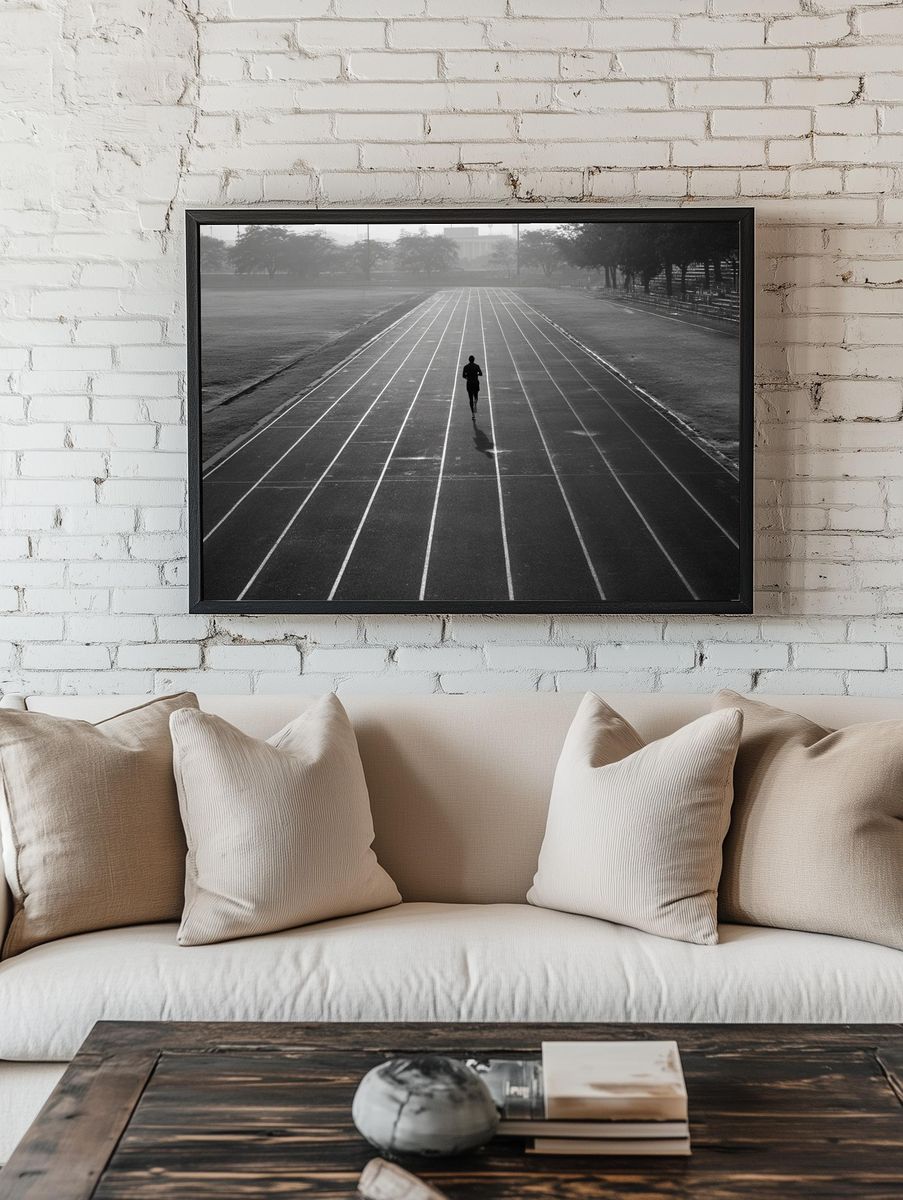 Runner on Track — Black and White Photography Print. — room view 1