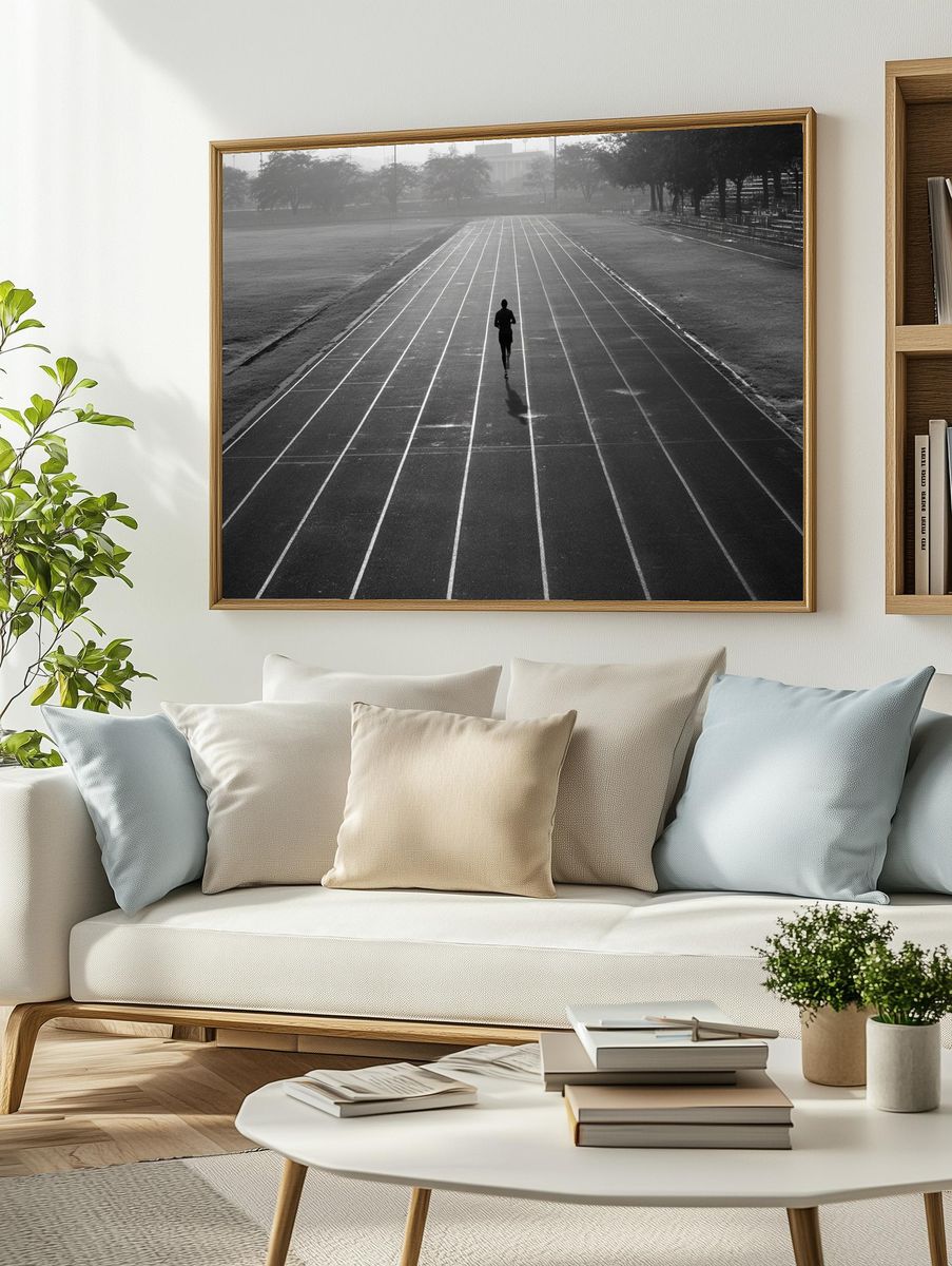 Runner on Track — Black and White Photography Print. — room view 2