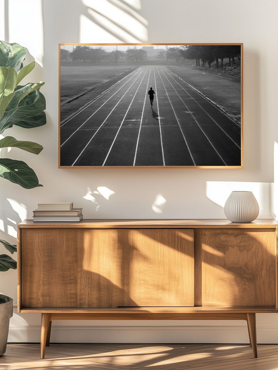 Runner on Track — Black and White Photography Print. — room view 3