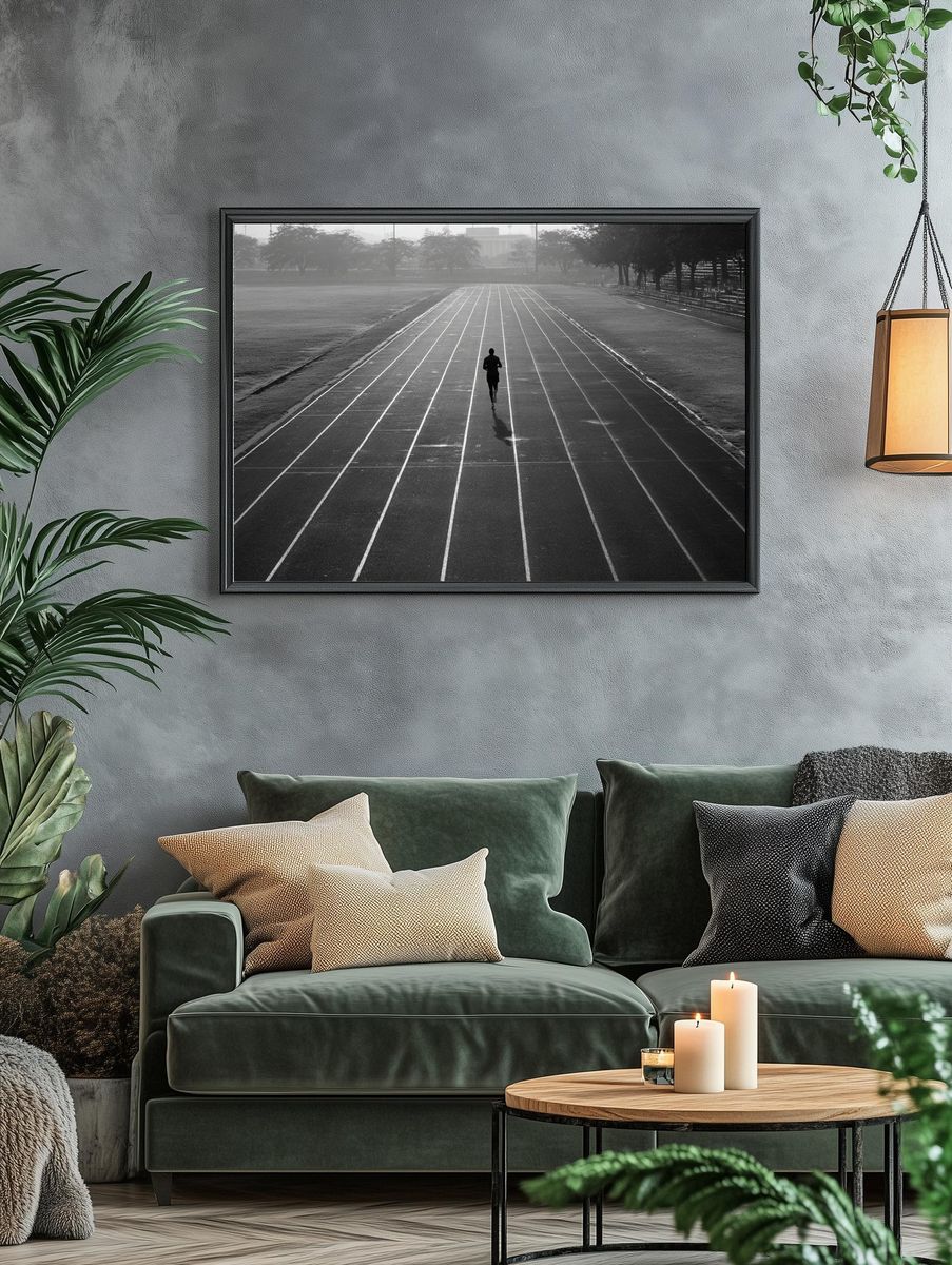 Runner on Track — Black and White Photography Print. — room view 4