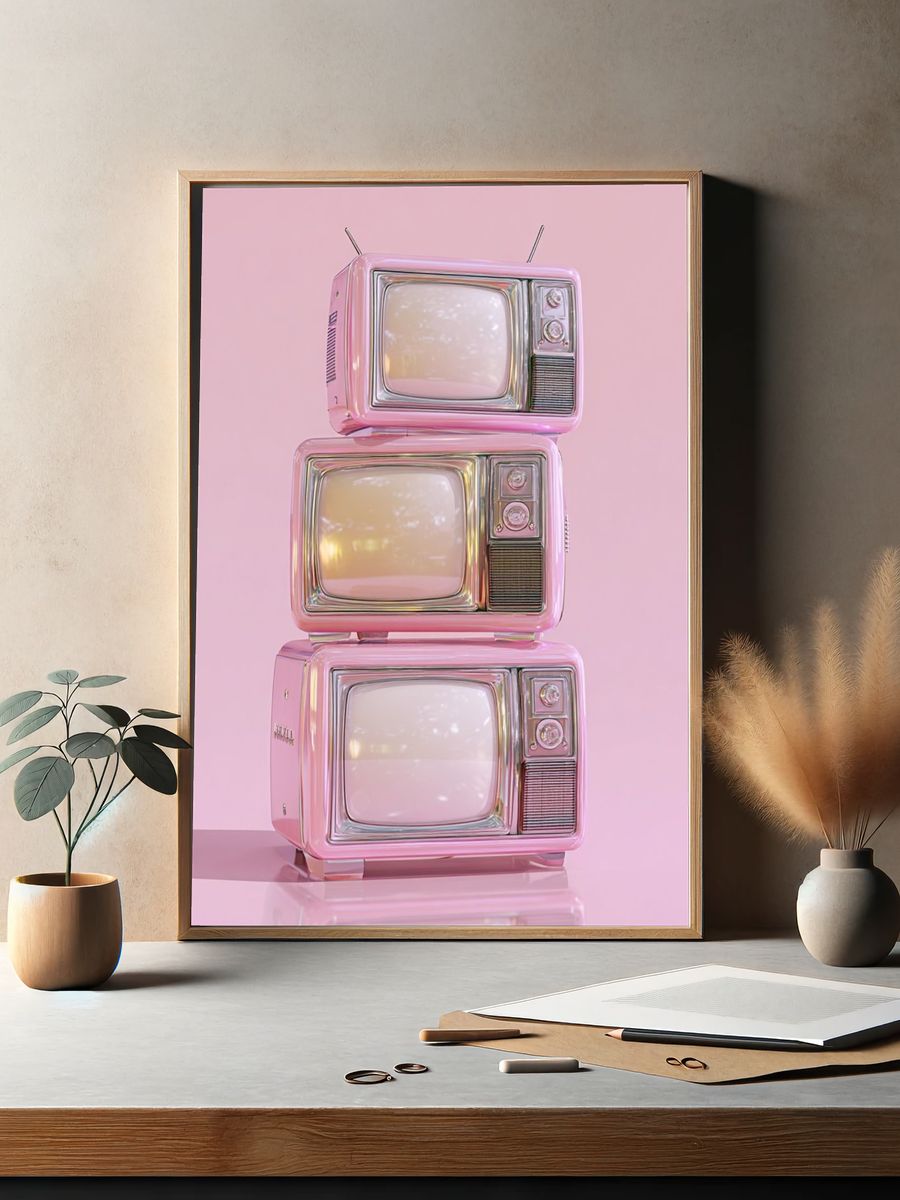 Retro Pink Television Stack Poster. — room view 2