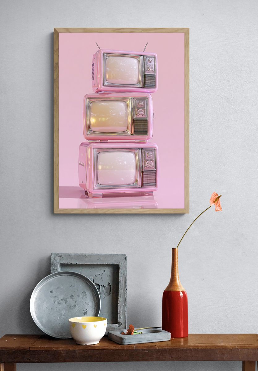 Retro Pink Television Stack Poster. — room view 3