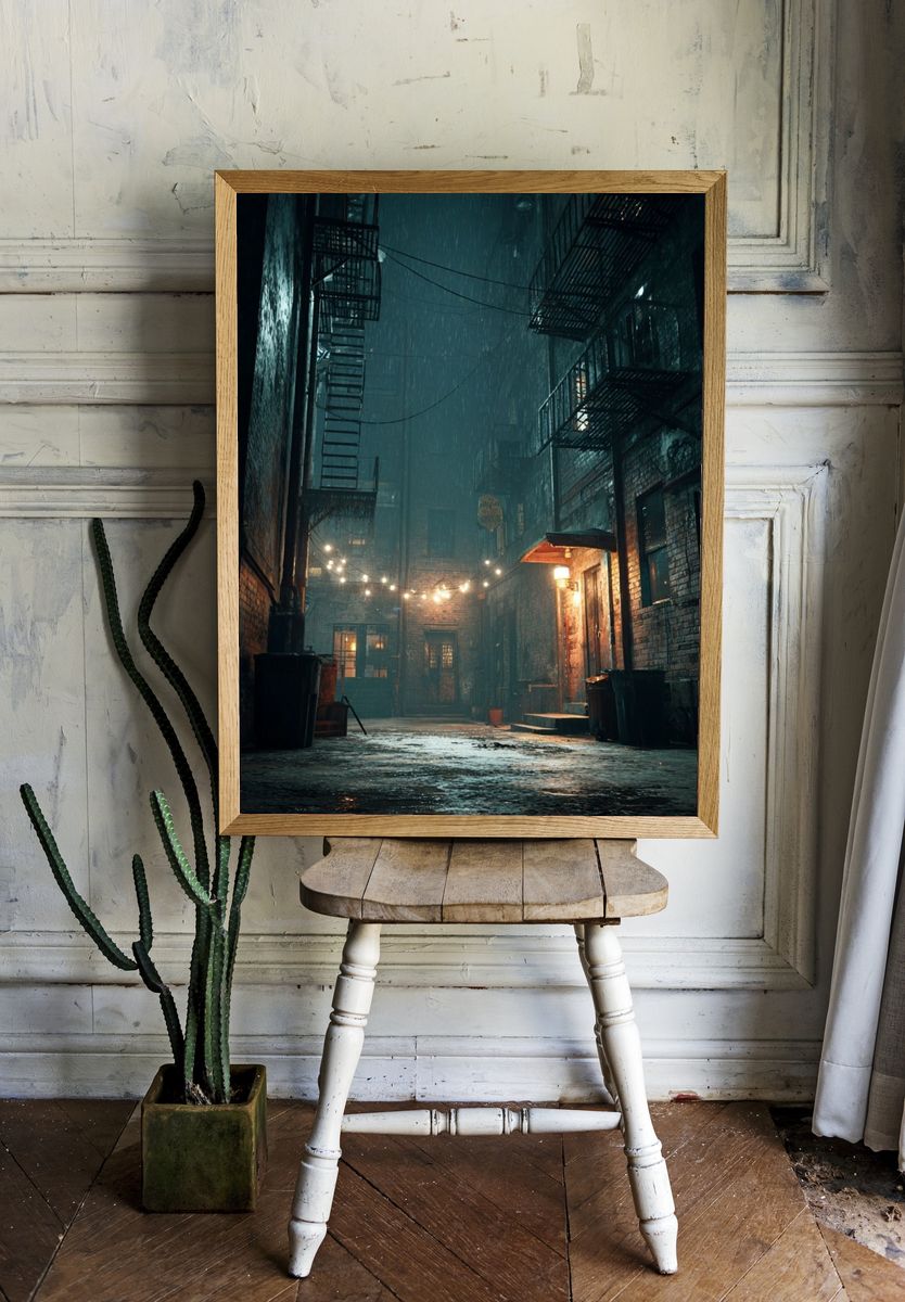 Rainy Urban Alley Photography Poster. — room view 1