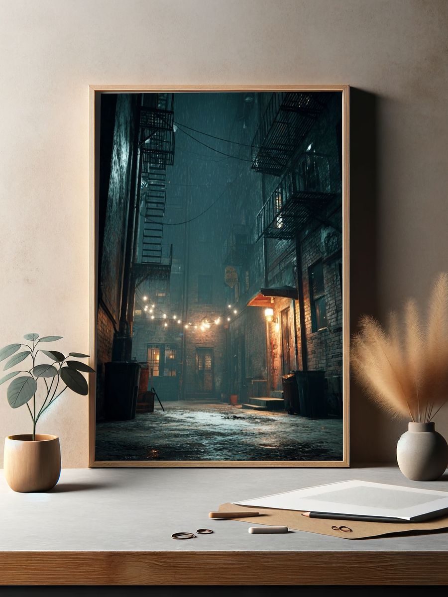 Rainy Urban Alley Photography Poster. — room view 2
