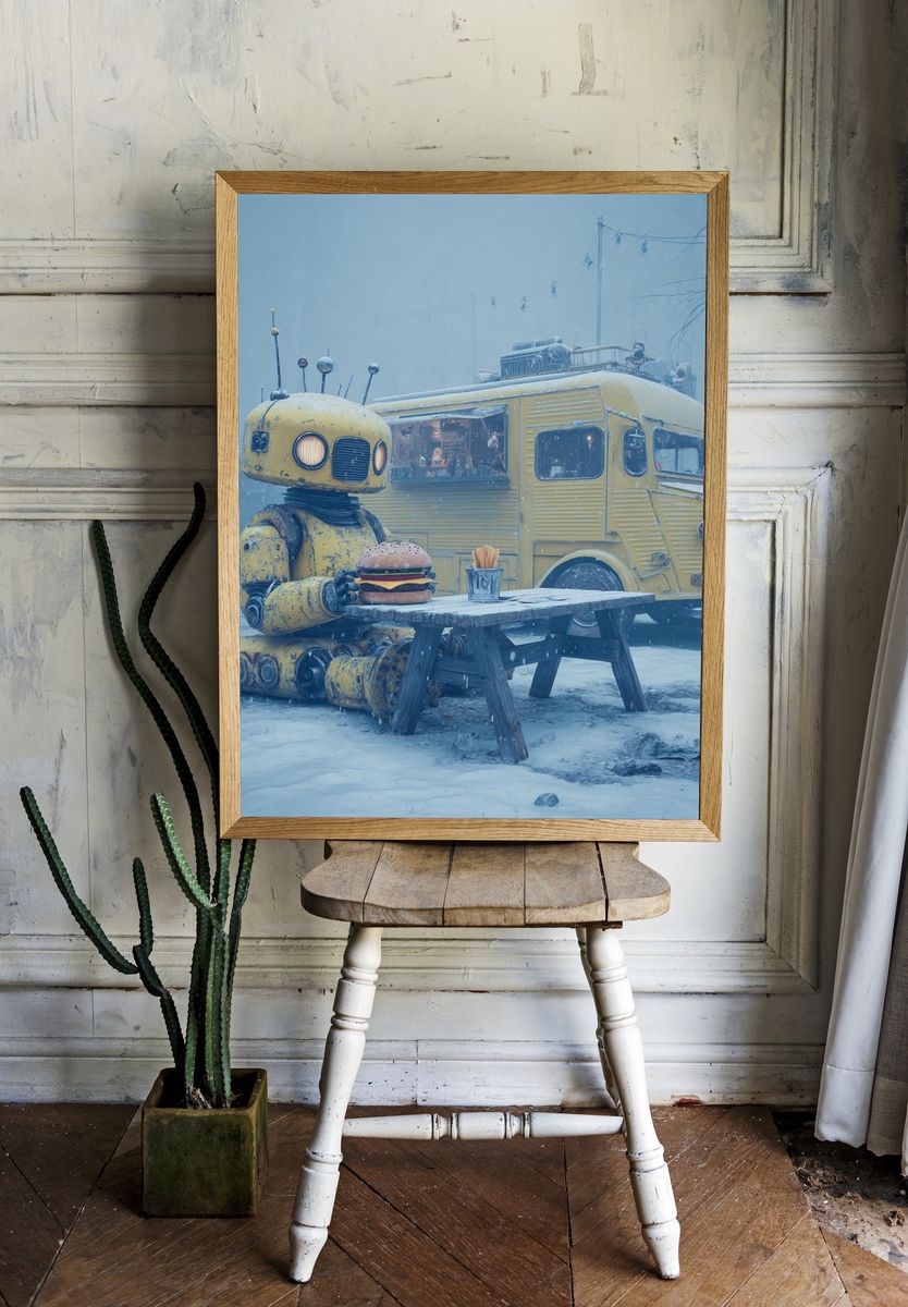 Robot with Burger — Digital Art Print. — room view 1