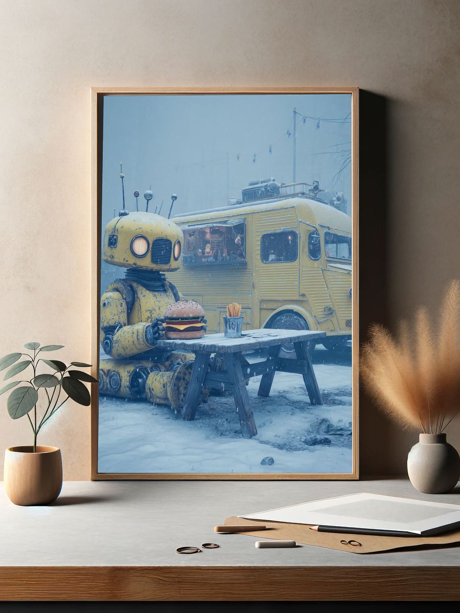 Robot with Burger — Digital Art Print. — room view 2