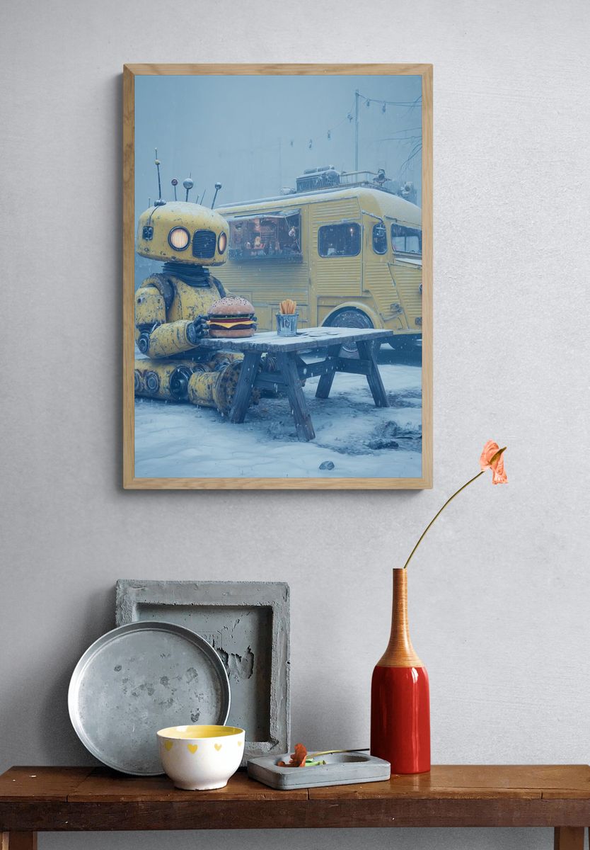 Robot with Burger — Digital Art Print. — room view 3