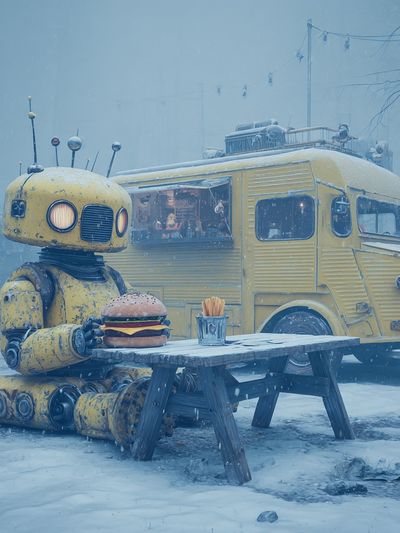 Robot with Burger — Digital Art Print. poster print