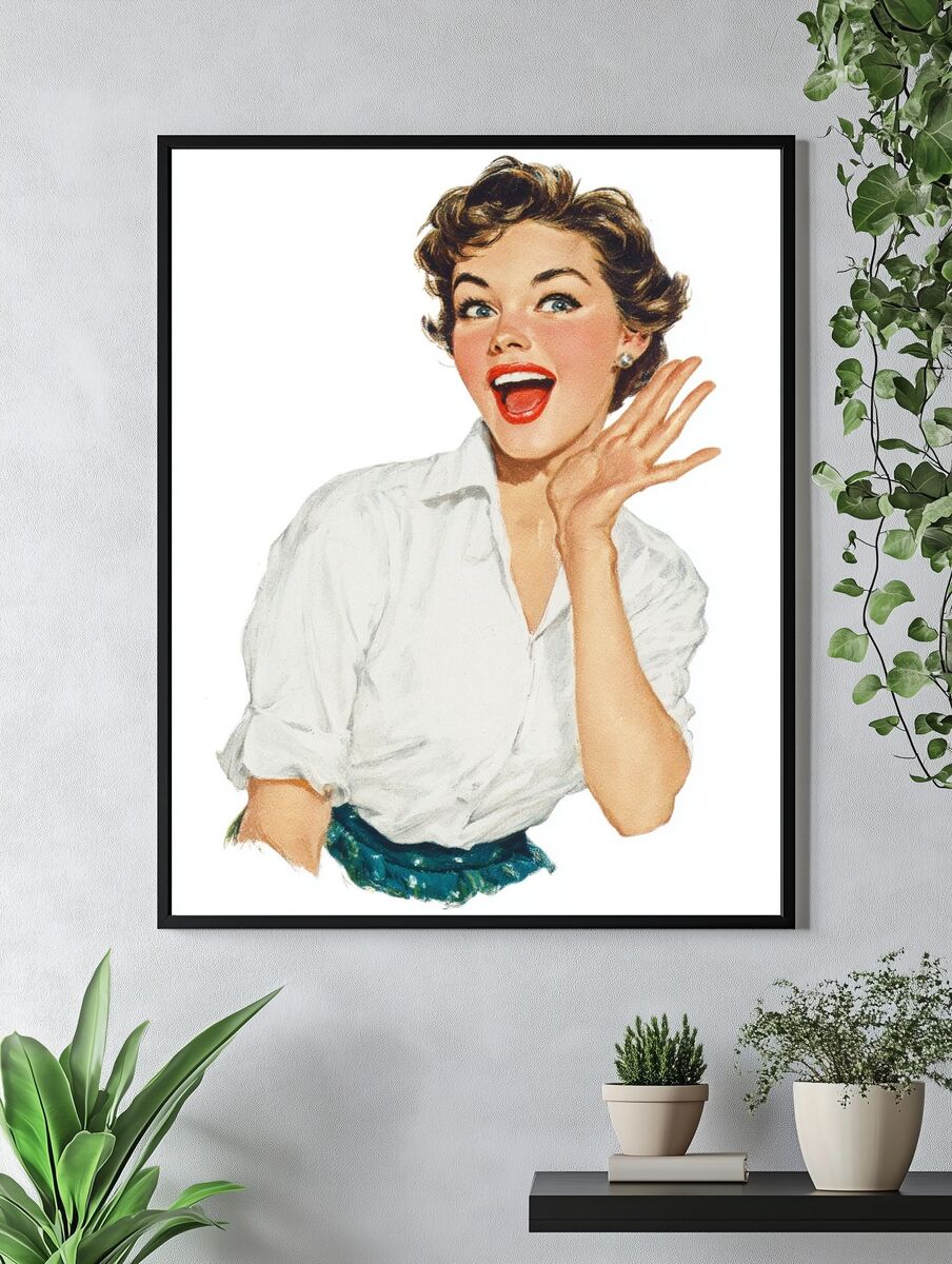 Retro Cheerful Woman — Vintage Print. — room view 4
