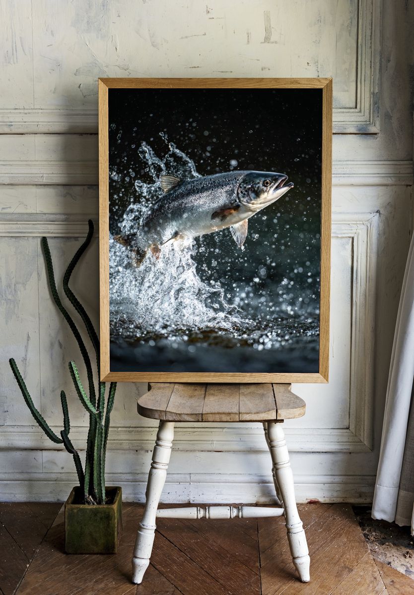 Leaping Salmon Photography Poster. — room view 1