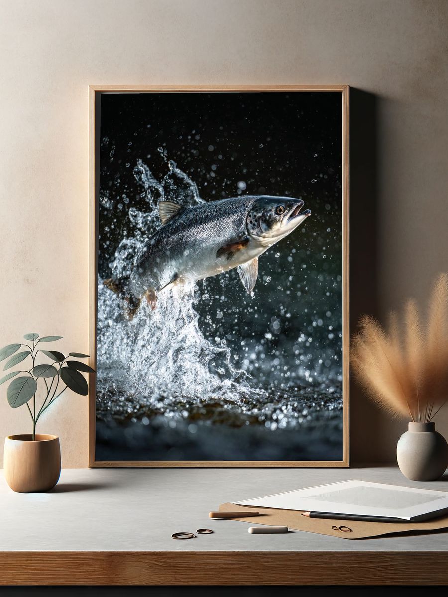 Leaping Salmon Photography Poster. — room view 2