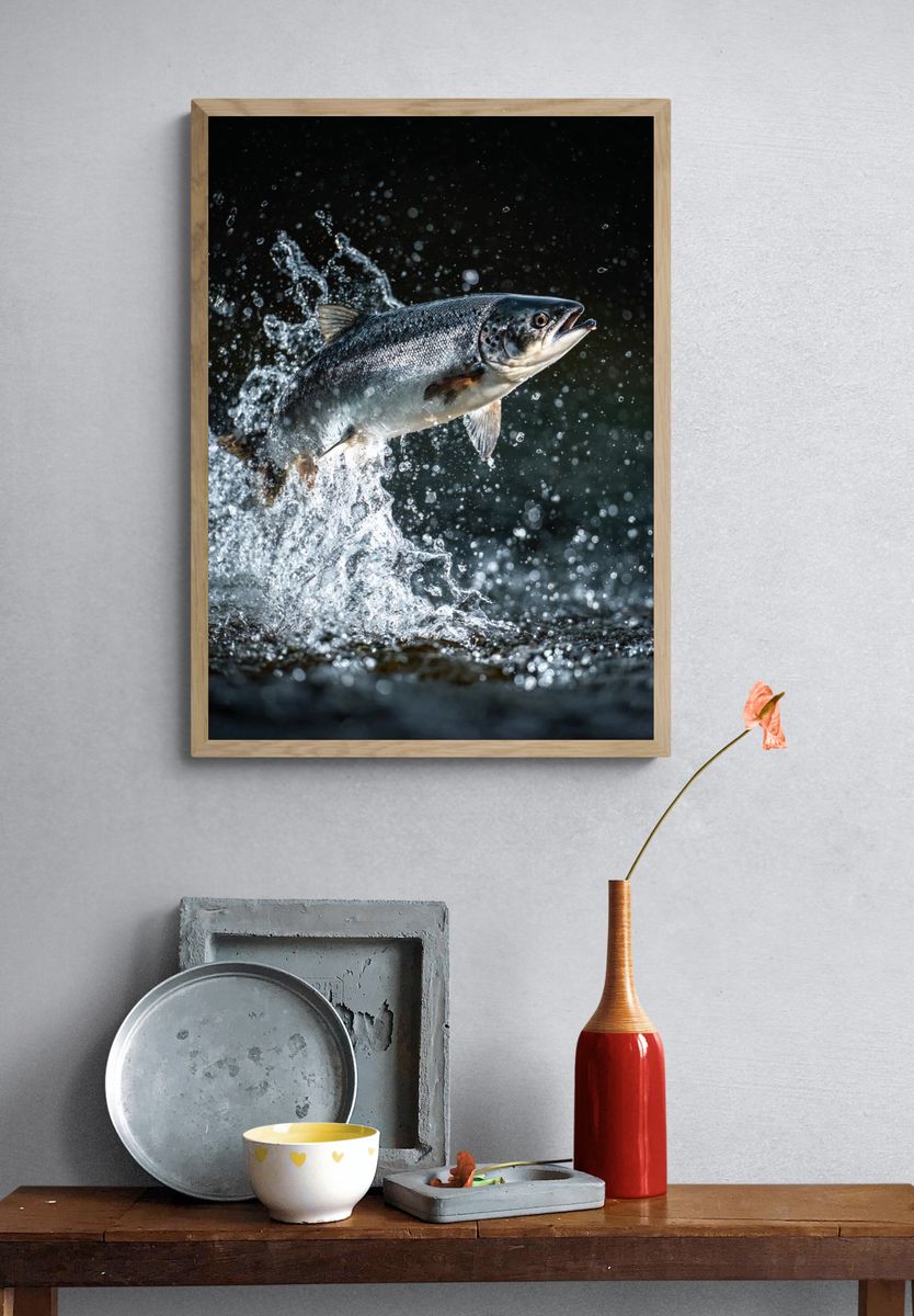 Leaping Salmon Photography Poster. — room view 3