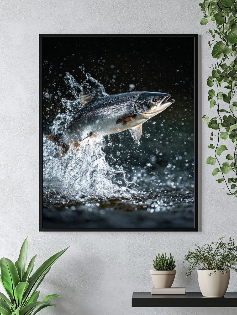 Leaping Salmon Photography Poster. — room view 4